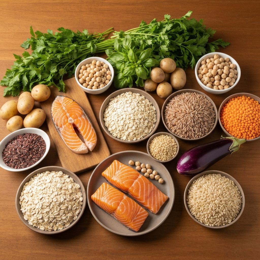 Diverse colorful foods arranged together